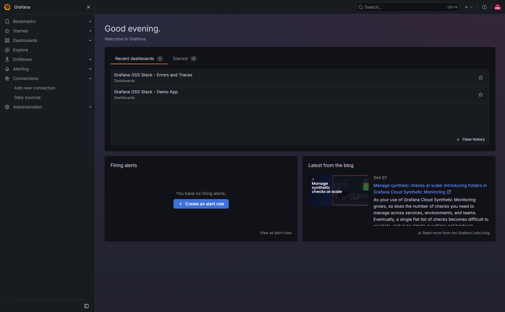 Grafana home after login