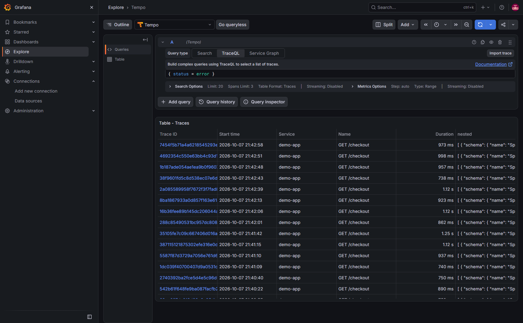 Trace search results for failed traces