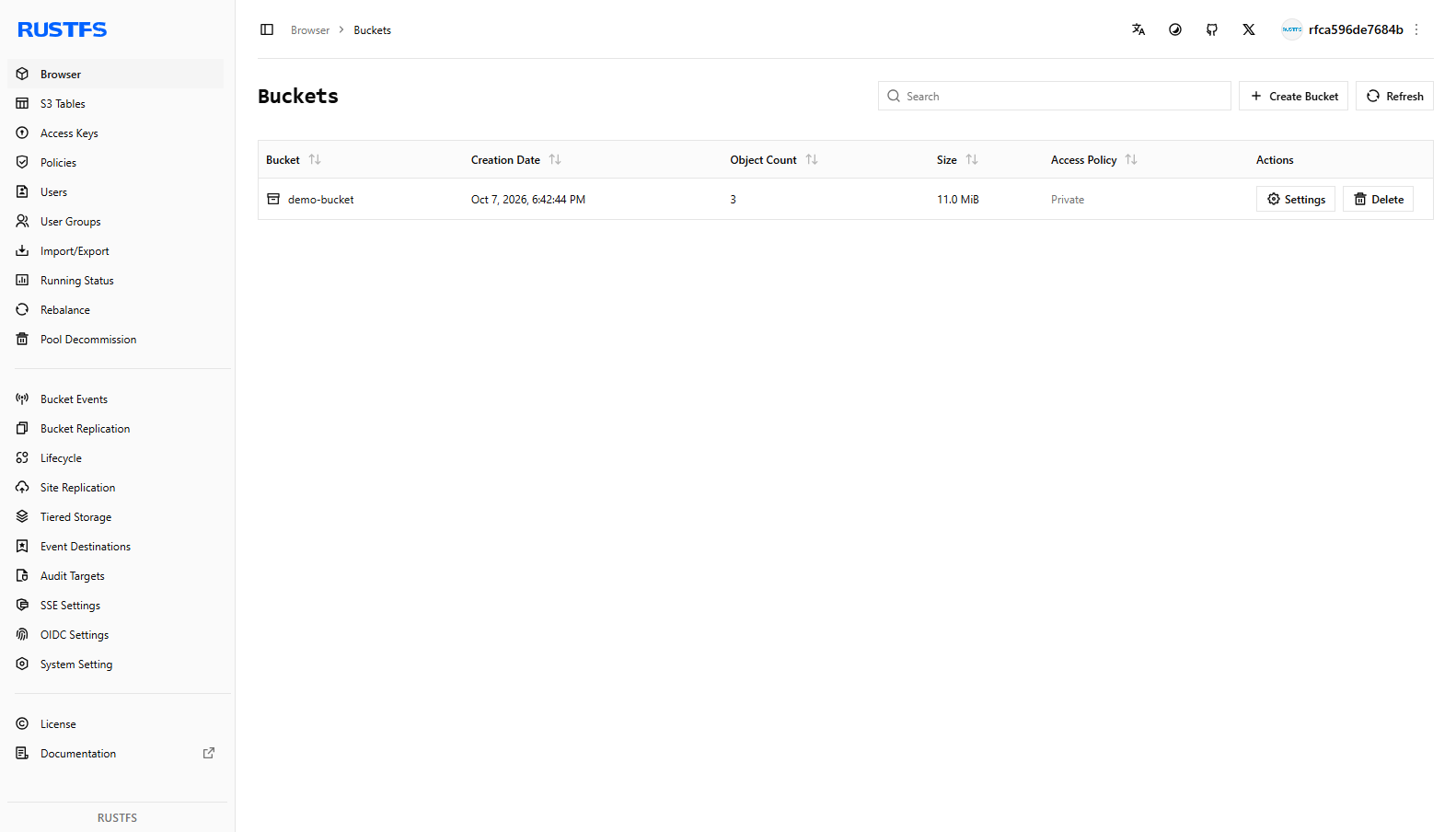 RustFS console — buckets view
