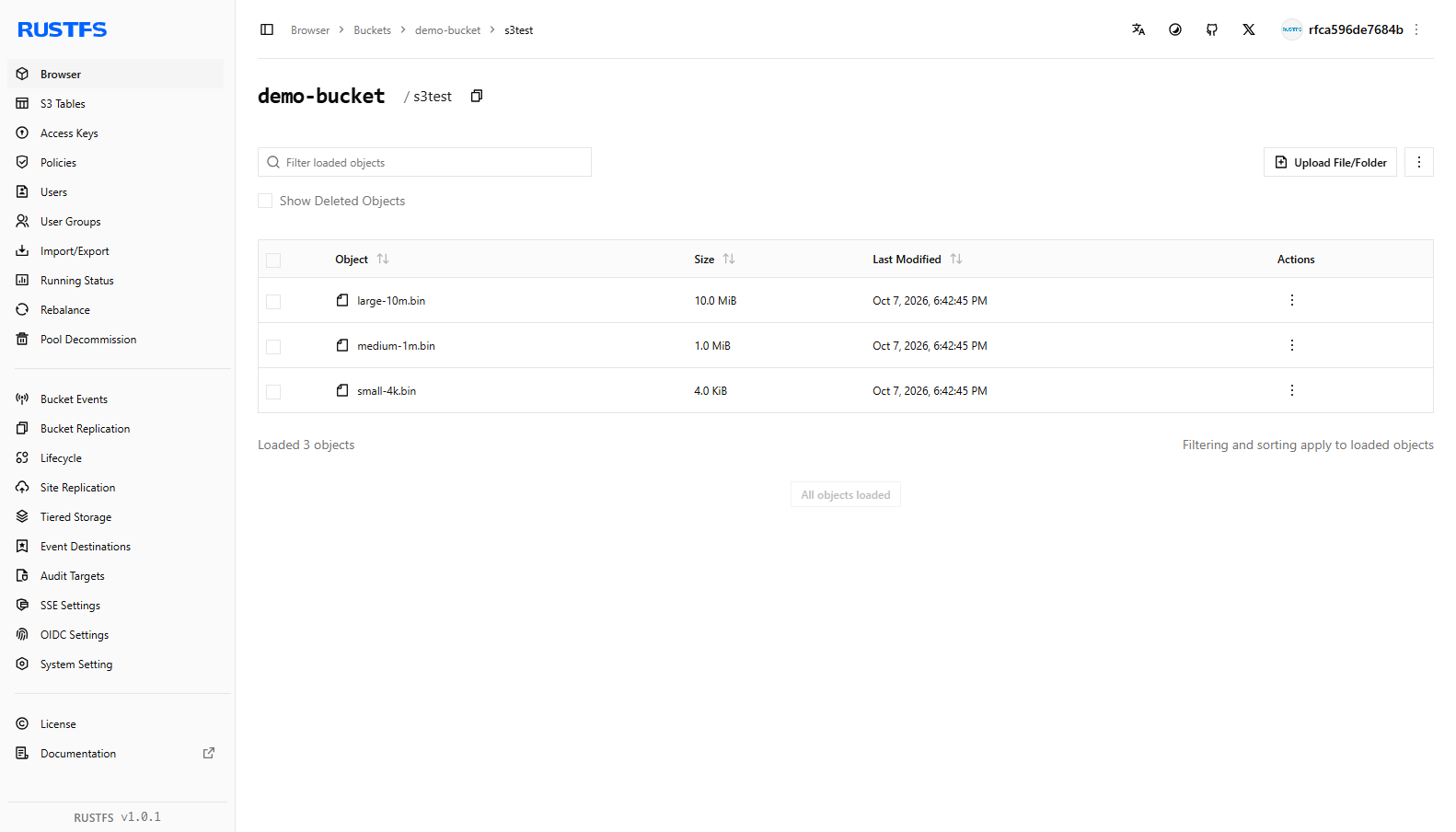 RustFS object listing inside a prefix